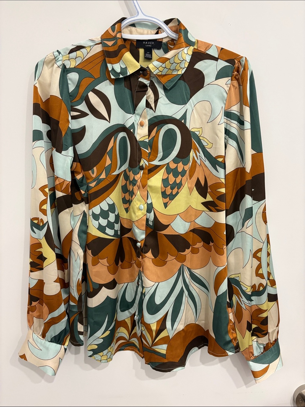 Abstract Print Button-Front Blouse in Teal, Brown and Cream